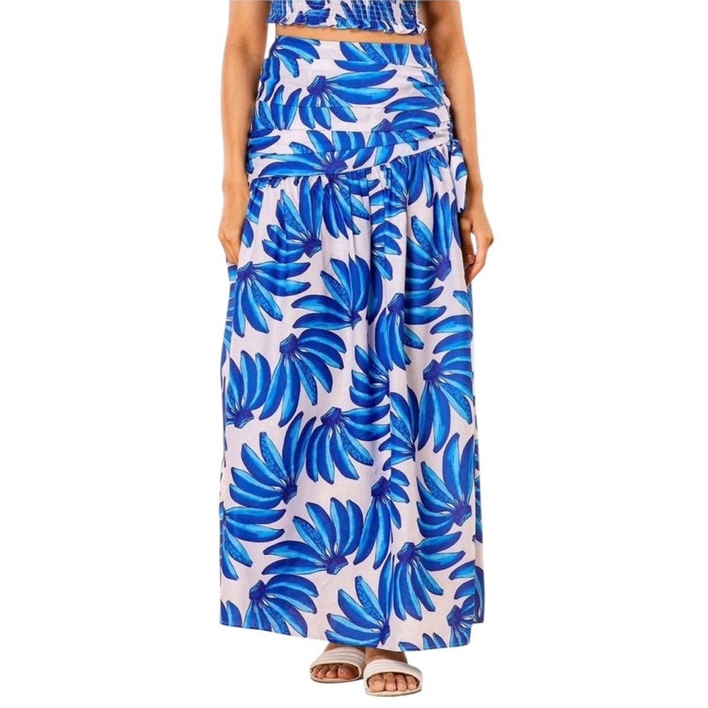 HT360 Collective Banana Print Maxi Skirt NWOT Size Small Blue‎ & White